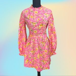 Vintage 1960's Pink & Yellow Mod Floral L/S Handmade Balloon Sleeve Mini Dress